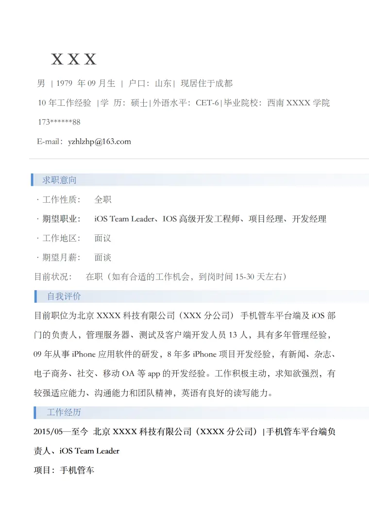 软件开发项目管理类岗位求职简历模板 Word 简历模板预览图