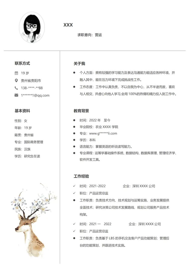 产品营运商务管理类岗位求职简历模板 Word 简历模板预览图