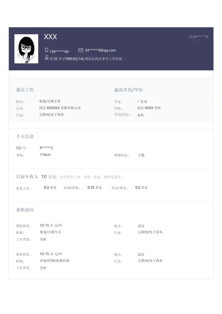 市场运营销售分销类岗位求职简历模板 Word 简历模板预览图