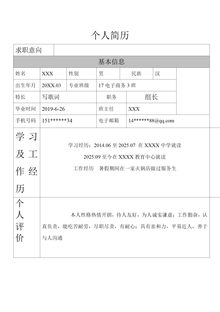 电子商务类专业应届生个人求职简历模板 Word 简历模板预览图