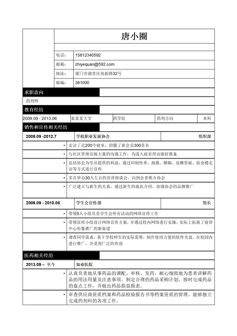 药剂师应聘简历---药剂方向专业毕业 Word 简历模板预览图