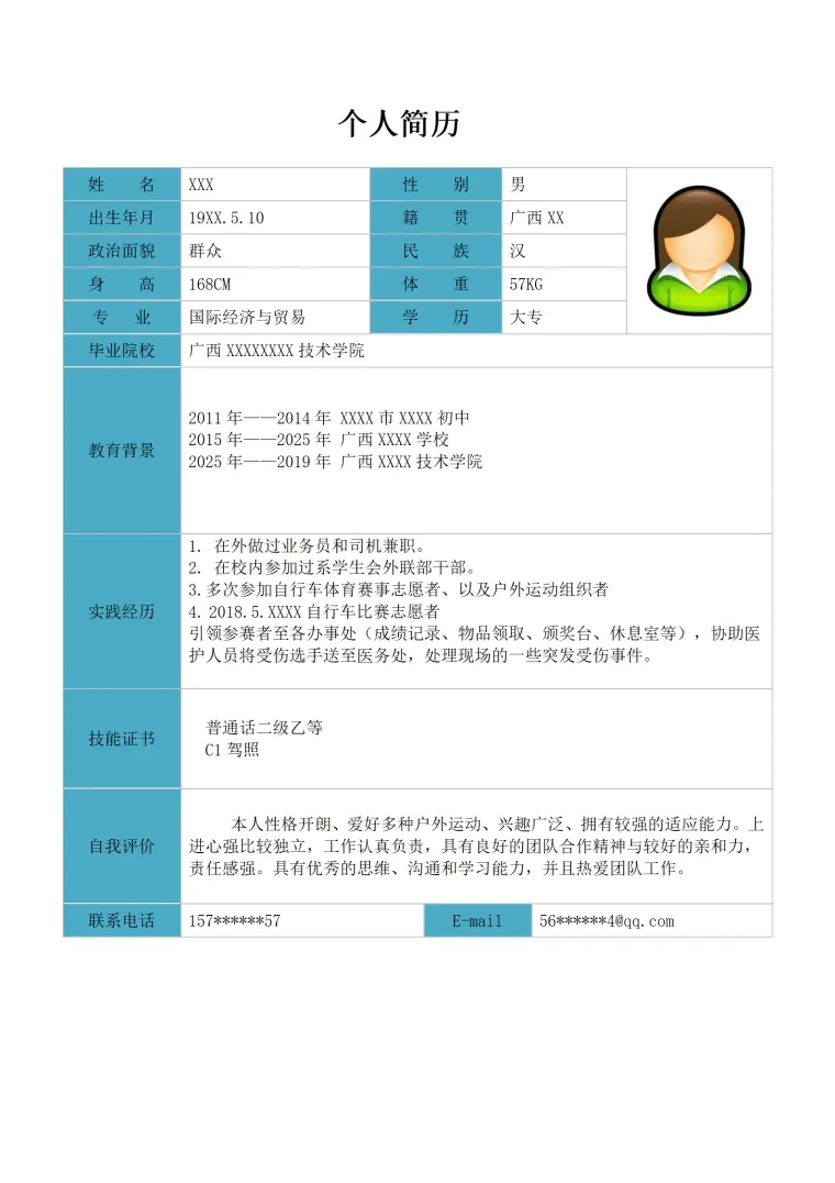 国际经济贸易相关专业应届生求职简历模板 Word 简历模板预览图