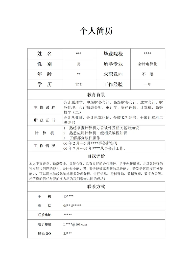 简历模版——会计电算化 Word 简历模板预览图