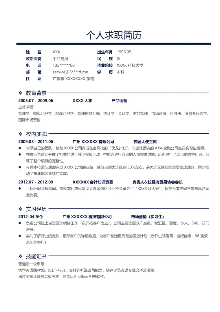 电子商务网络产品营运类岗位求职简历模板 Word 简历模板预览图
