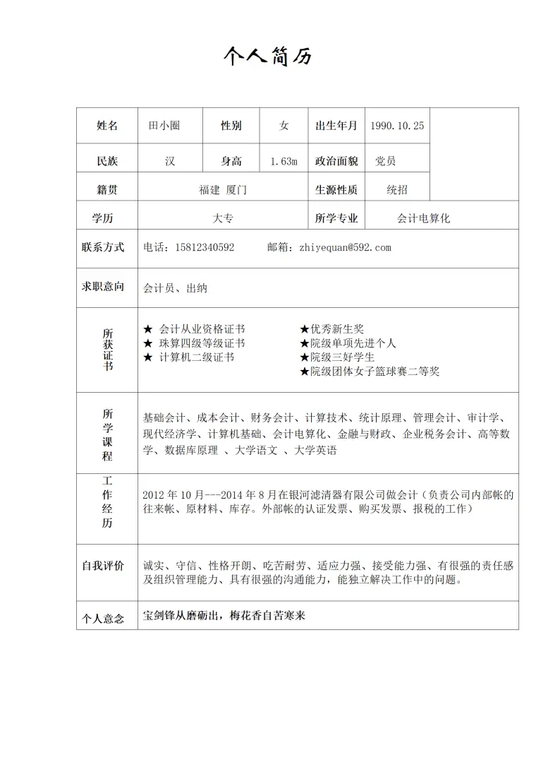 初级会计人员简单简历模板 Word 简历模板预览图