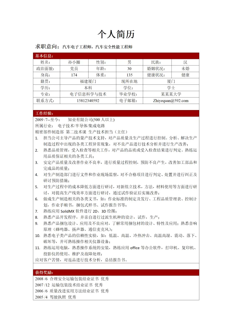 电子信息专业人员应聘汽车电子工程师简历模板 Word 简历模板预览图