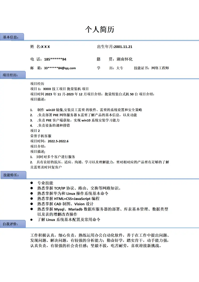 网络工程师项目管理类岗位求职简历模板 Word 简历模板预览图