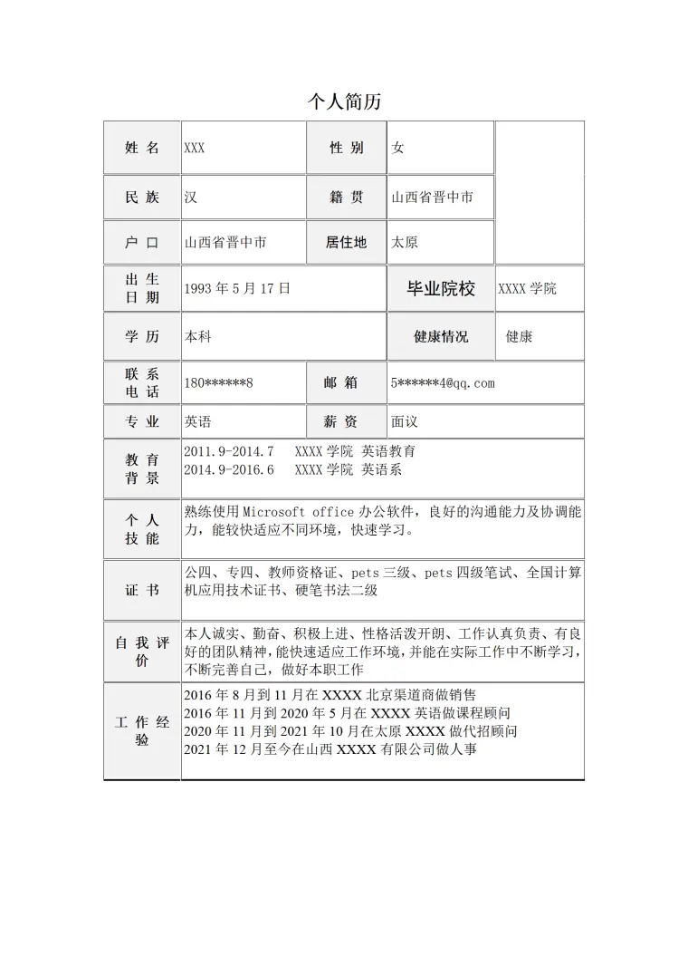 人事人资人力资源管理类岗位求职简历模板(1) Word 简历模板预览图