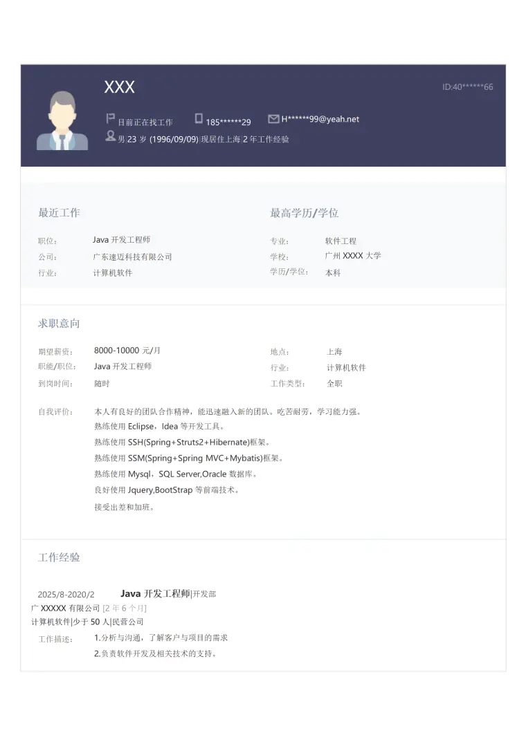 软件开发工程师类岗位求职简历模板 Word 简历模板预览图