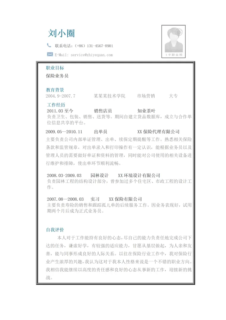 应聘保险销售简历模版 Word 简历模板预览图