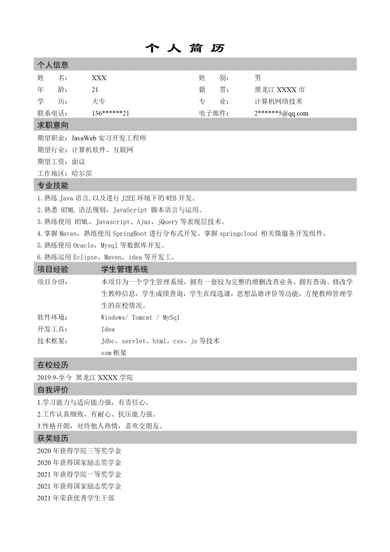 实习开发工程师类岗位求职简历模板 Word 简历模板预览图