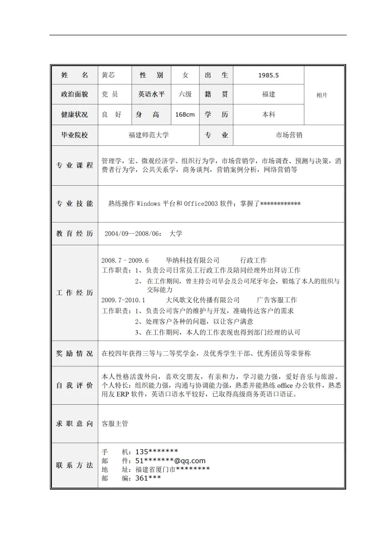 市场营销专业求职简历模板 Word 简历模板预览图