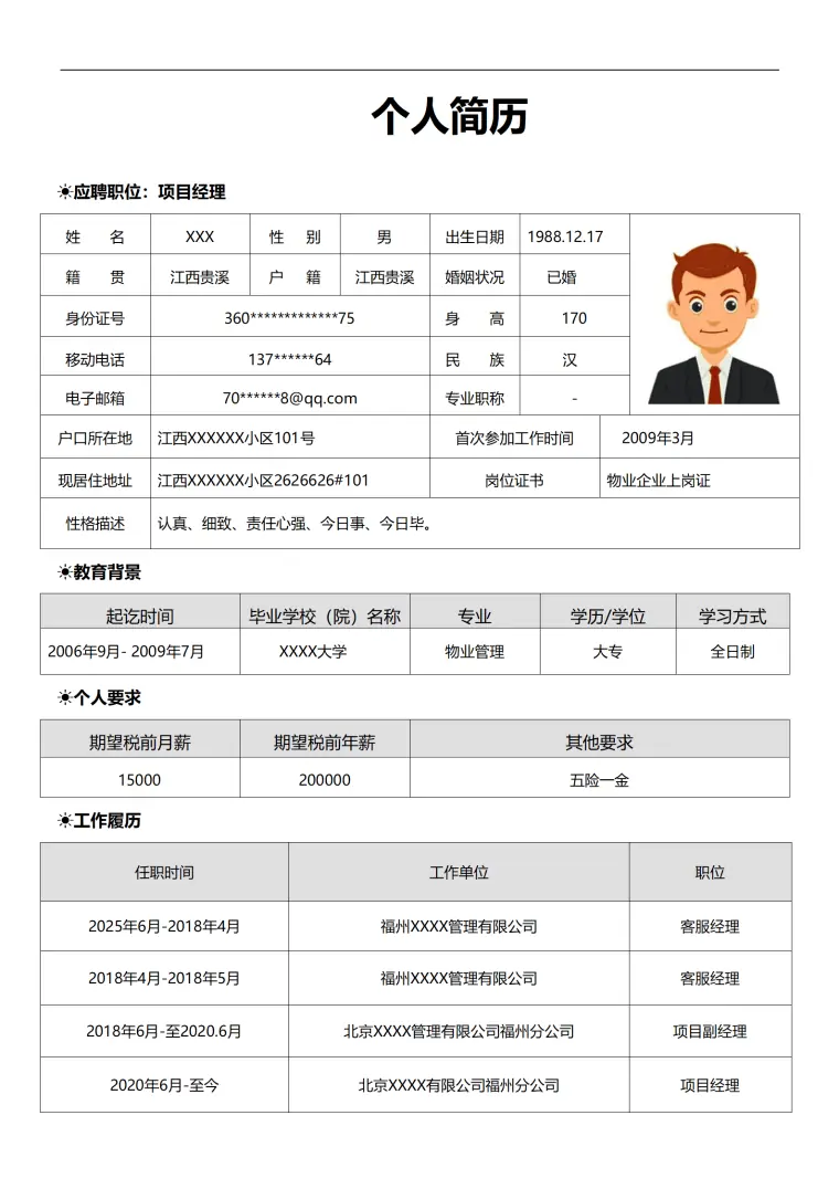 房地产项目经理相关岗位求职简历模板 Word 简历模板预览图