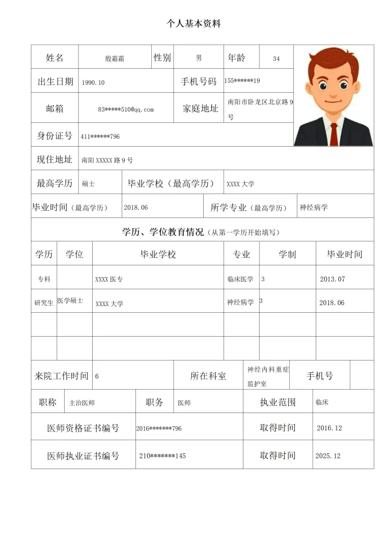 医疗医护神经病学类专业岗位求职简历模板 Word 简历模板预览图