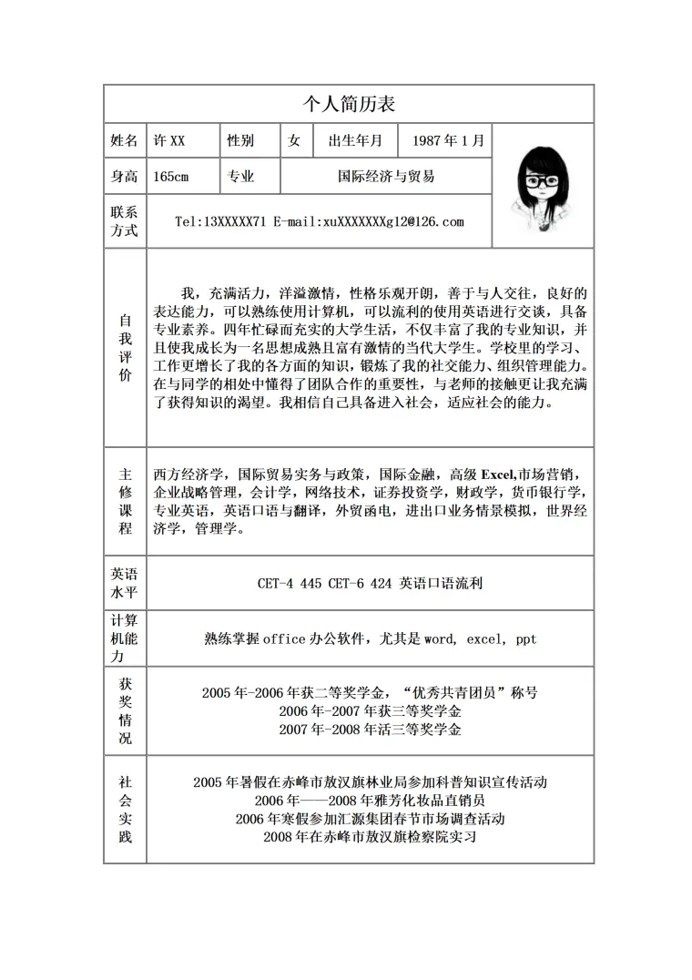 外贸专业简历模板 Word 简历模板预览图