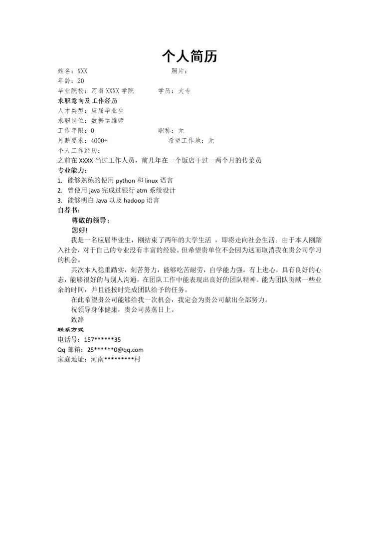 数据运维软件开发类岗位求职简历模板 Word 简历模板预览图