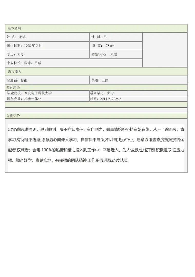 机电一体化专业求职简历模板(1) Word 简历模板预览图