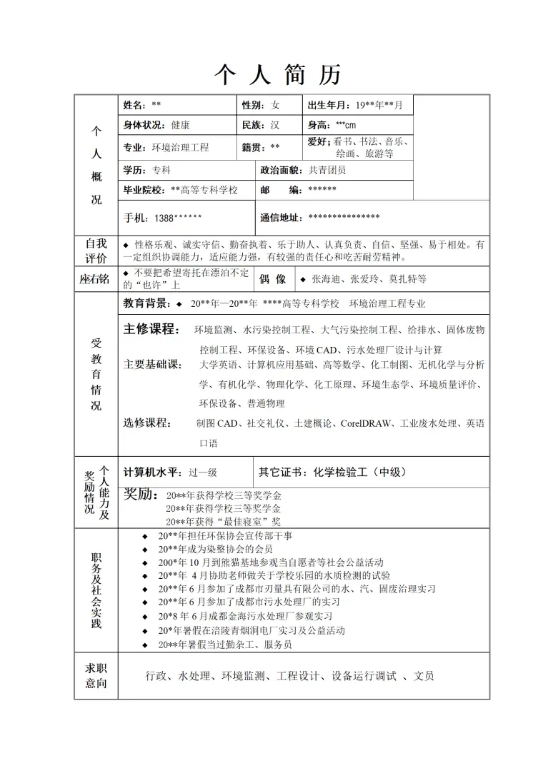 简历模版——环境治理工程 Word 简历模板预览图