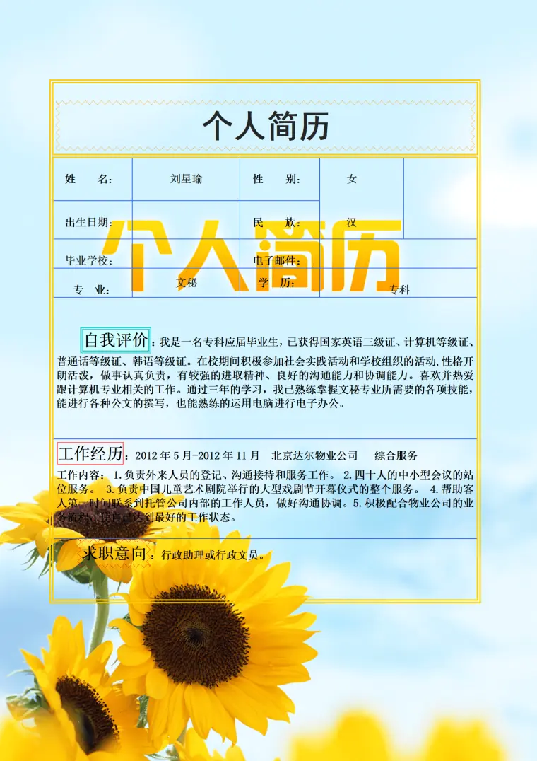 手写简历格式模板 Word 简历模板预览图