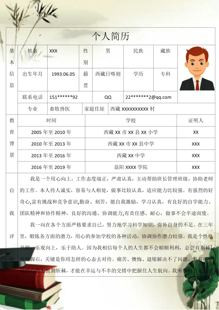 畜牧兽医相关专业应届生求职简历模板 Word 简历模板预览图