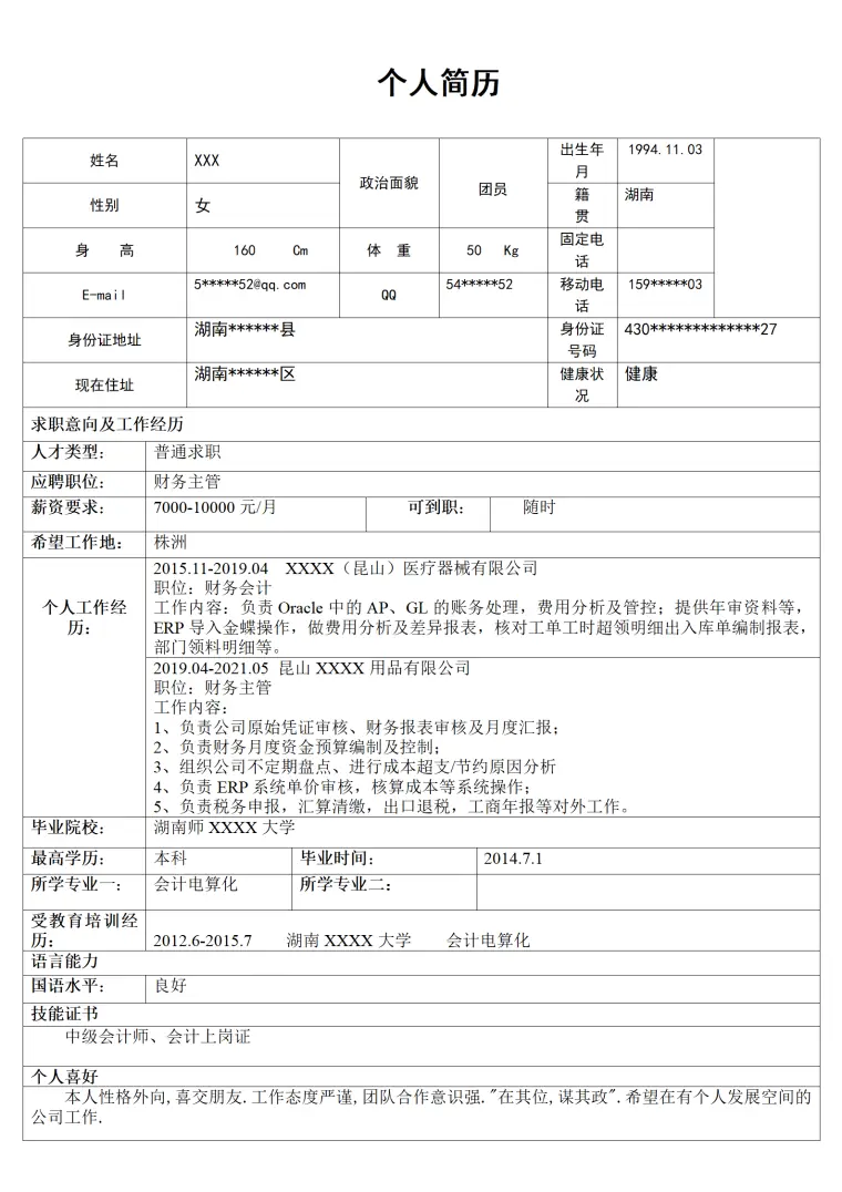 财务主管财务经理类岗位求职简历模板 Word 简历模板预览图