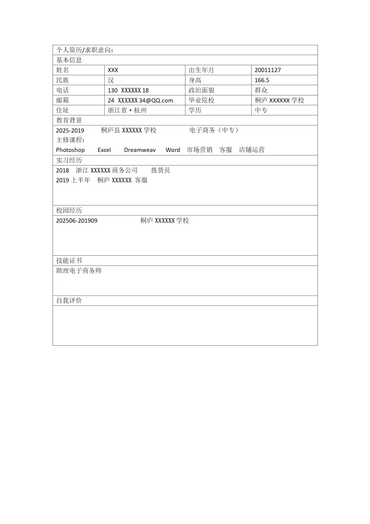 电子商务类相关专业应届毕业生求职简历模板 Word 简历模板预览图