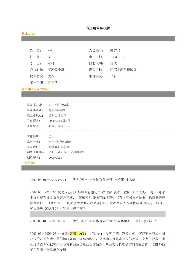 客服用简历模板 Word 简历模板预览图