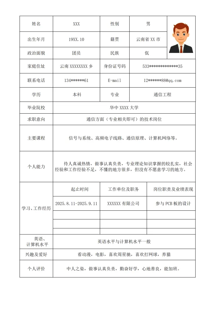 通信工程类岗位求职简历模板 Word 简历模板预览图