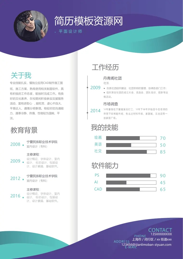 蓝绿色平面设计师简历word简历模板 Word 简历模板预览图