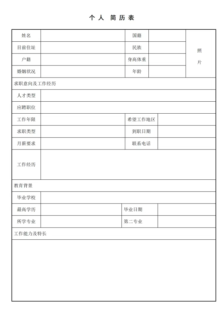 空白的简历表格模板 Word 简历模板预览图