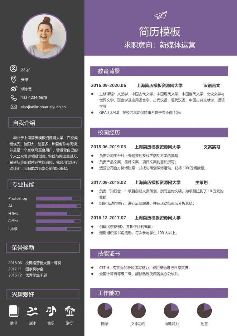 应届生新媒体运营个人简历求职简历word简历模板 Word 简历模板预览图