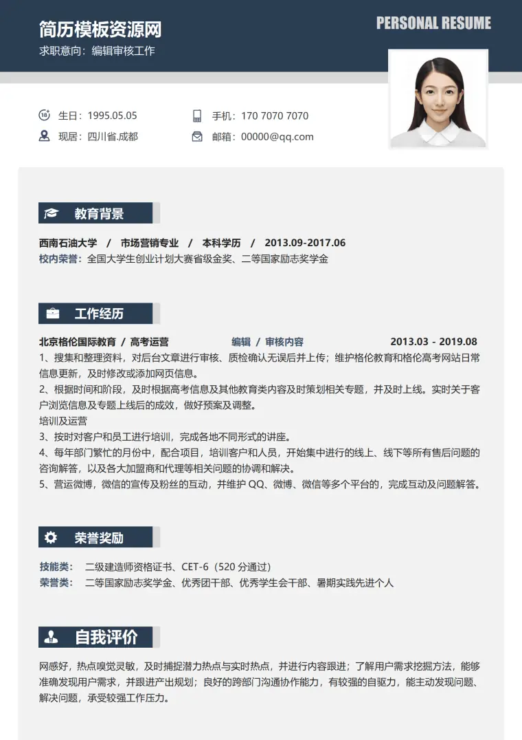 互联网内容编辑岗位简历 Word 简历模板预览图