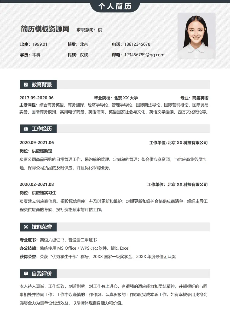 服装供应链简历范文 Word 简历模板预览图