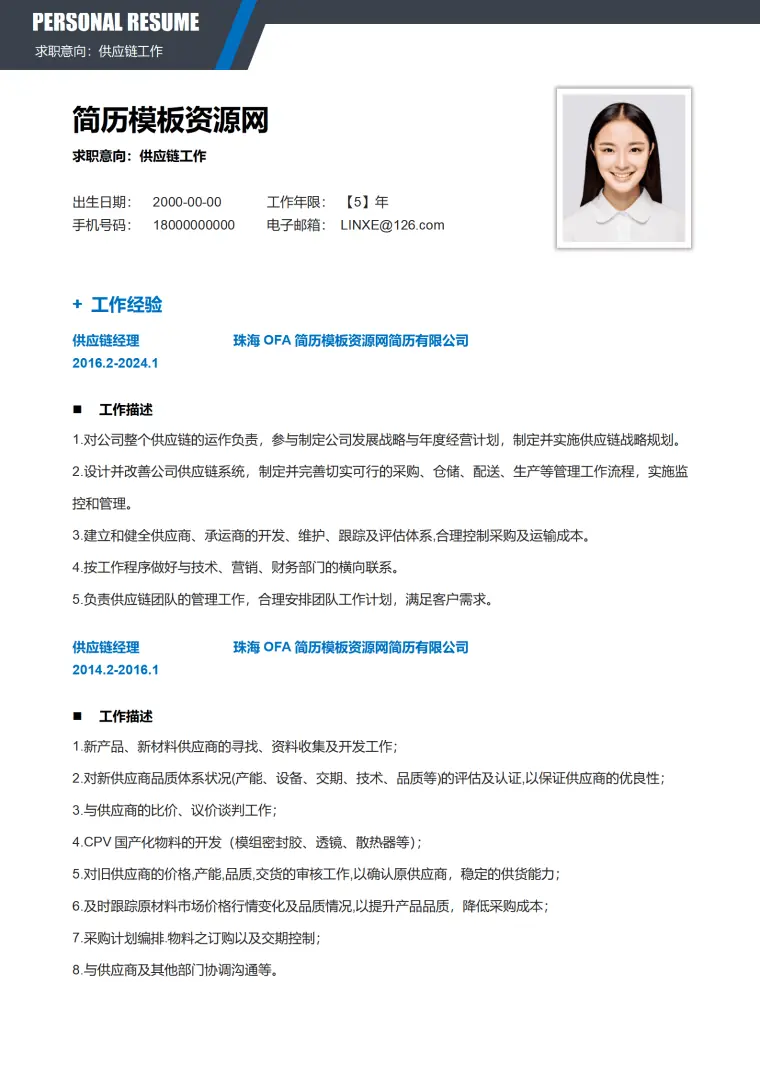 供应链审计简历模板 Word 简历模板预览图