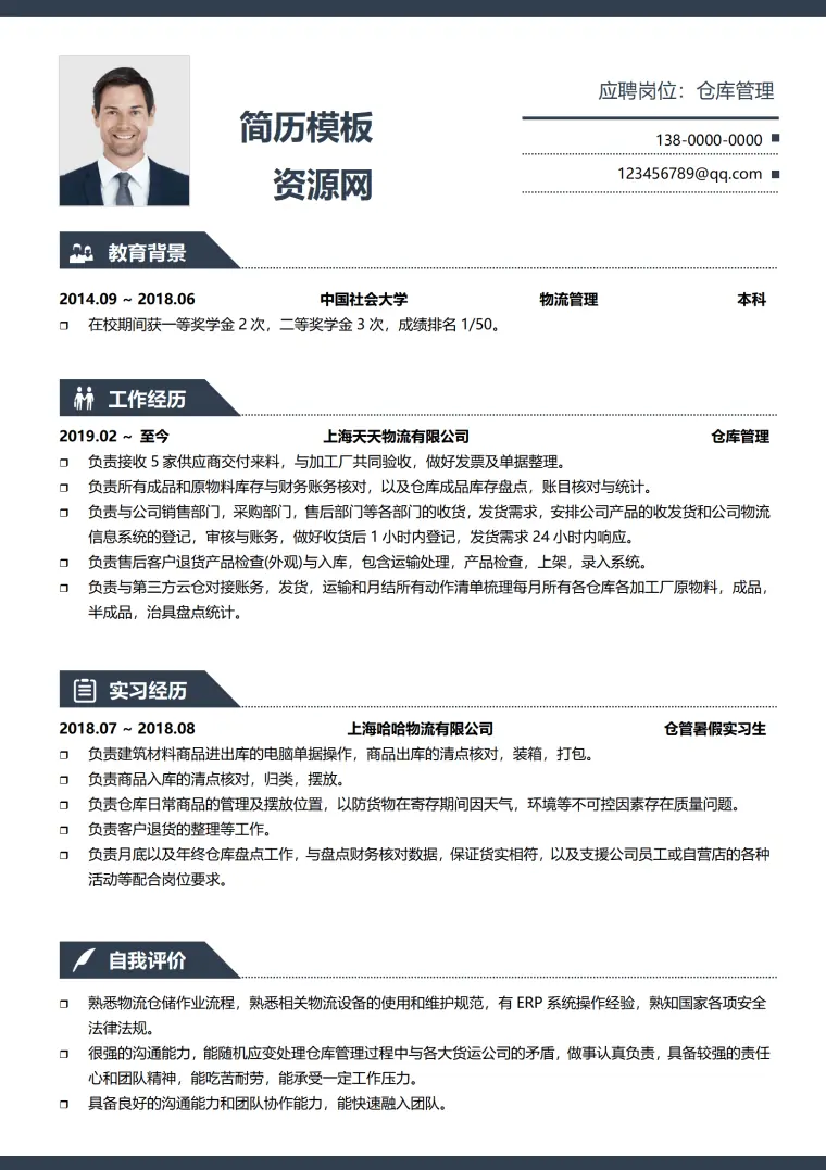淘宝仓库管理员简历 Word 简历模板预览图