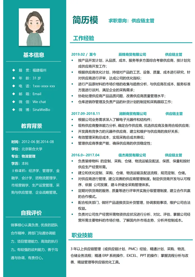 供应链总监简历 Word 简历模板预览图