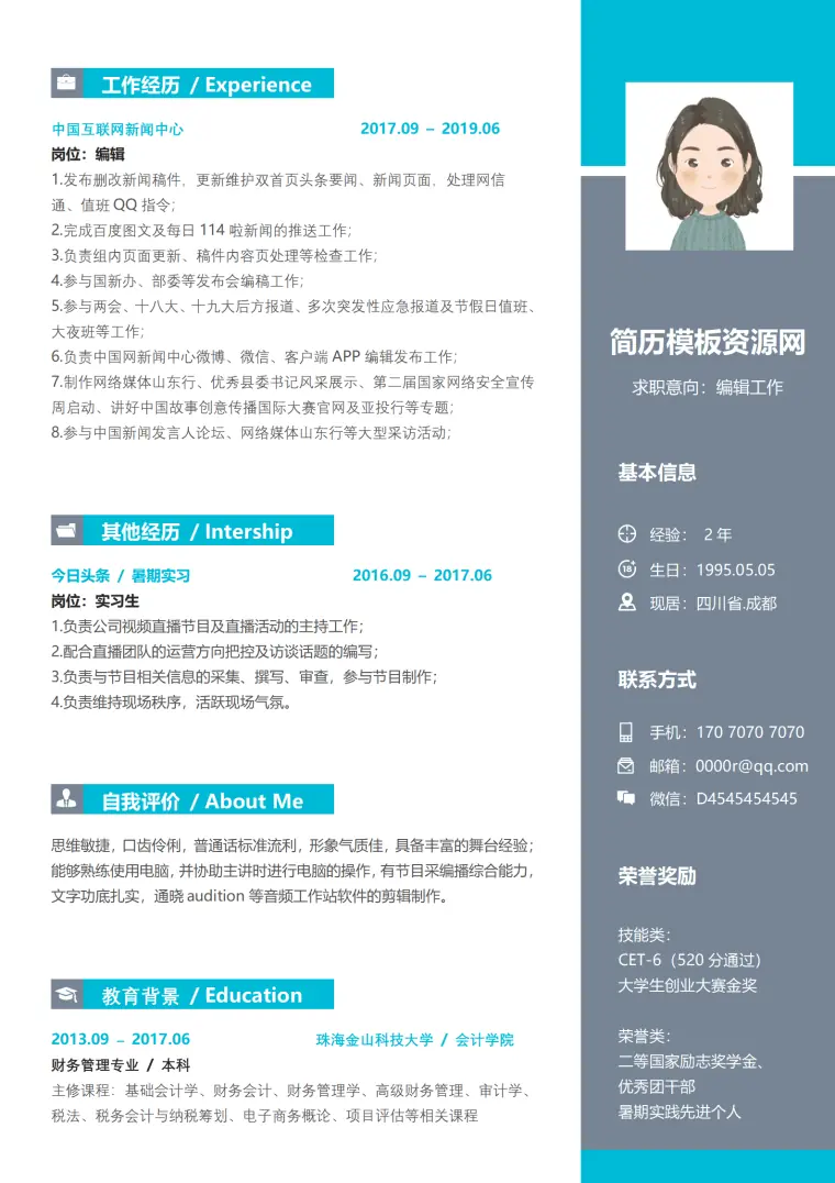 可编辑的简历模板 Word 简历模板预览图