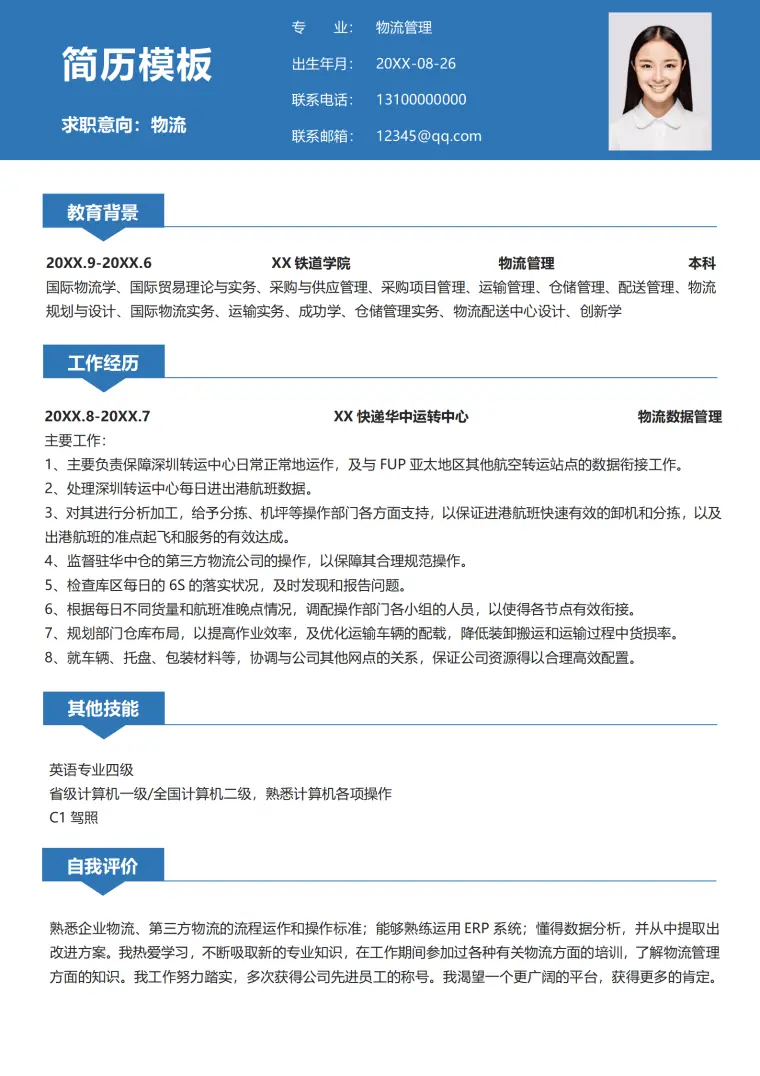 跨境物流运营简历 Word 简历模板预览图