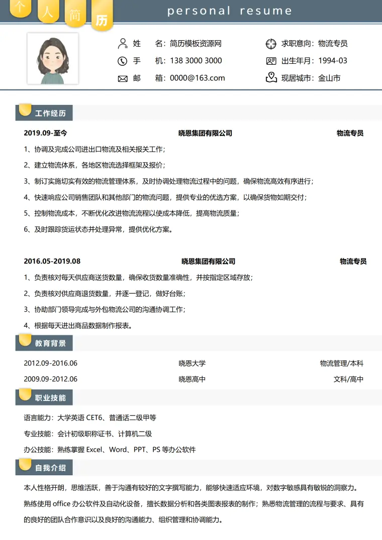 跨境物流专业简历 Word 简历模板预览图