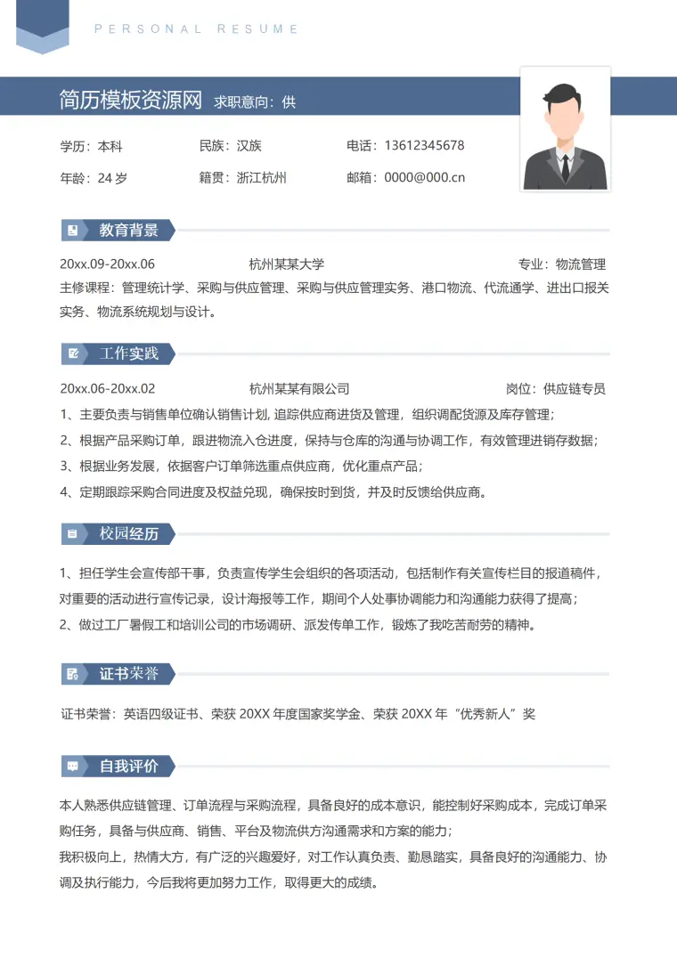 商品供应链简历模板 Word 简历模板预览图