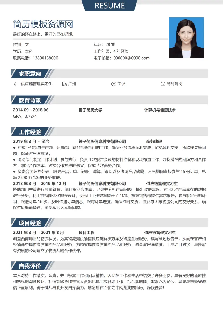 转岗供应链简历模板 Word 简历模板预览图