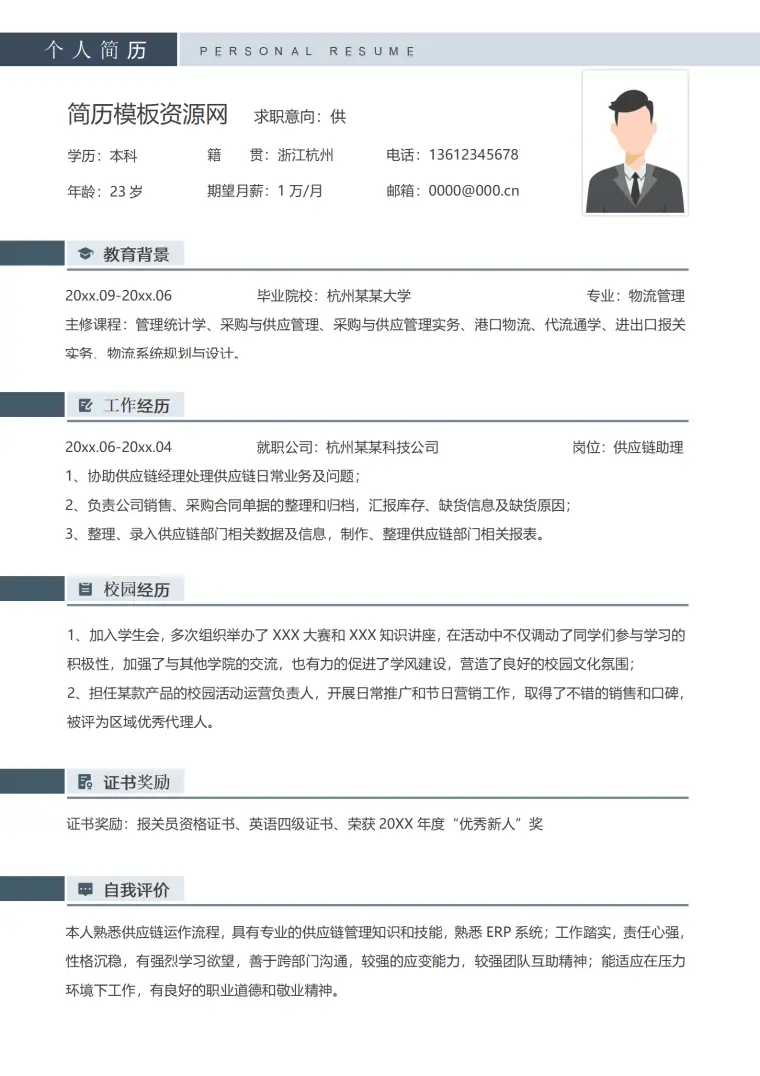 仓库供应链简历模板 Word 简历模板预览图