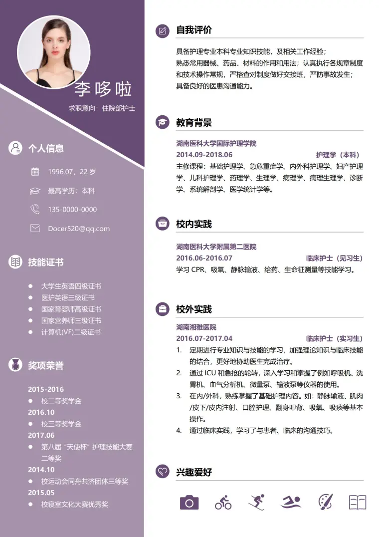 住院部护士免费简历模板 Word 简历模板预览图