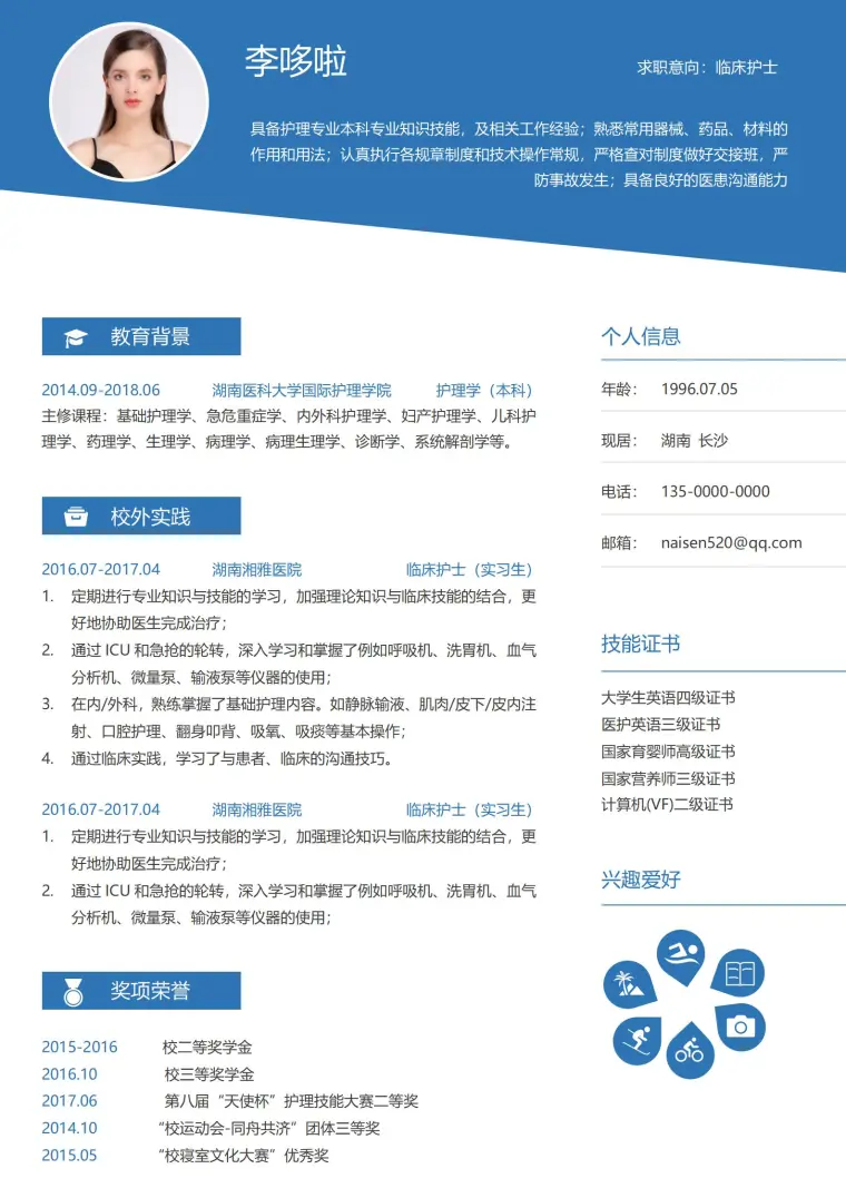 专业护士单页简历模板 Word 简历模板预览图