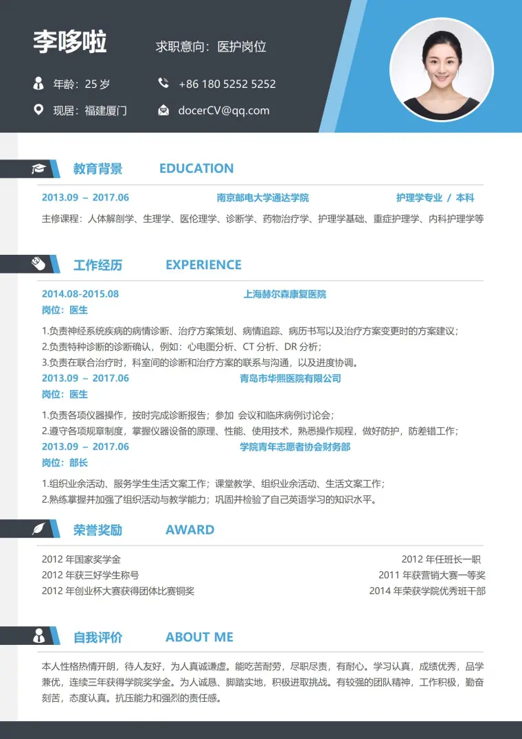 单页护士简历模板优选 Word 简历模板预览图