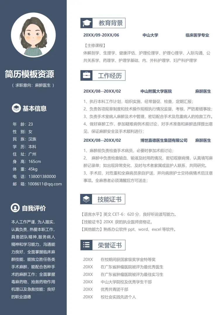 麻醉医生简历模板范文 Word 简历模板预览图