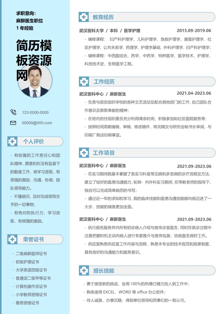 麻醉医生的专业简历模板 Word 简历模板预览图