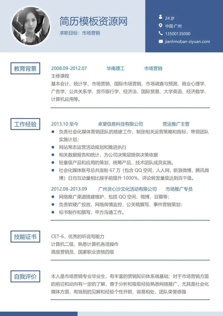 市场营销求职简历模板 预览图