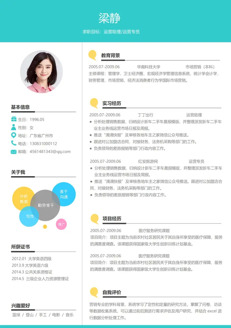 运营助理专员免费简历模板 预览图