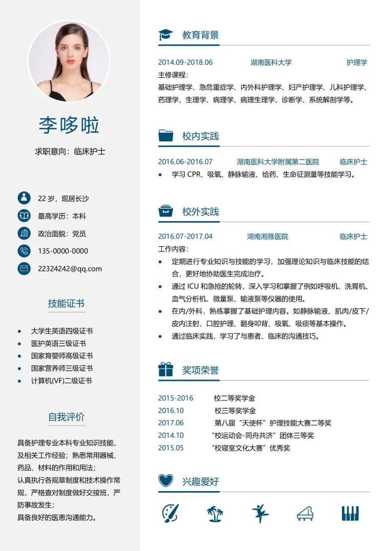 临床护士专业简历免费下载 预览图